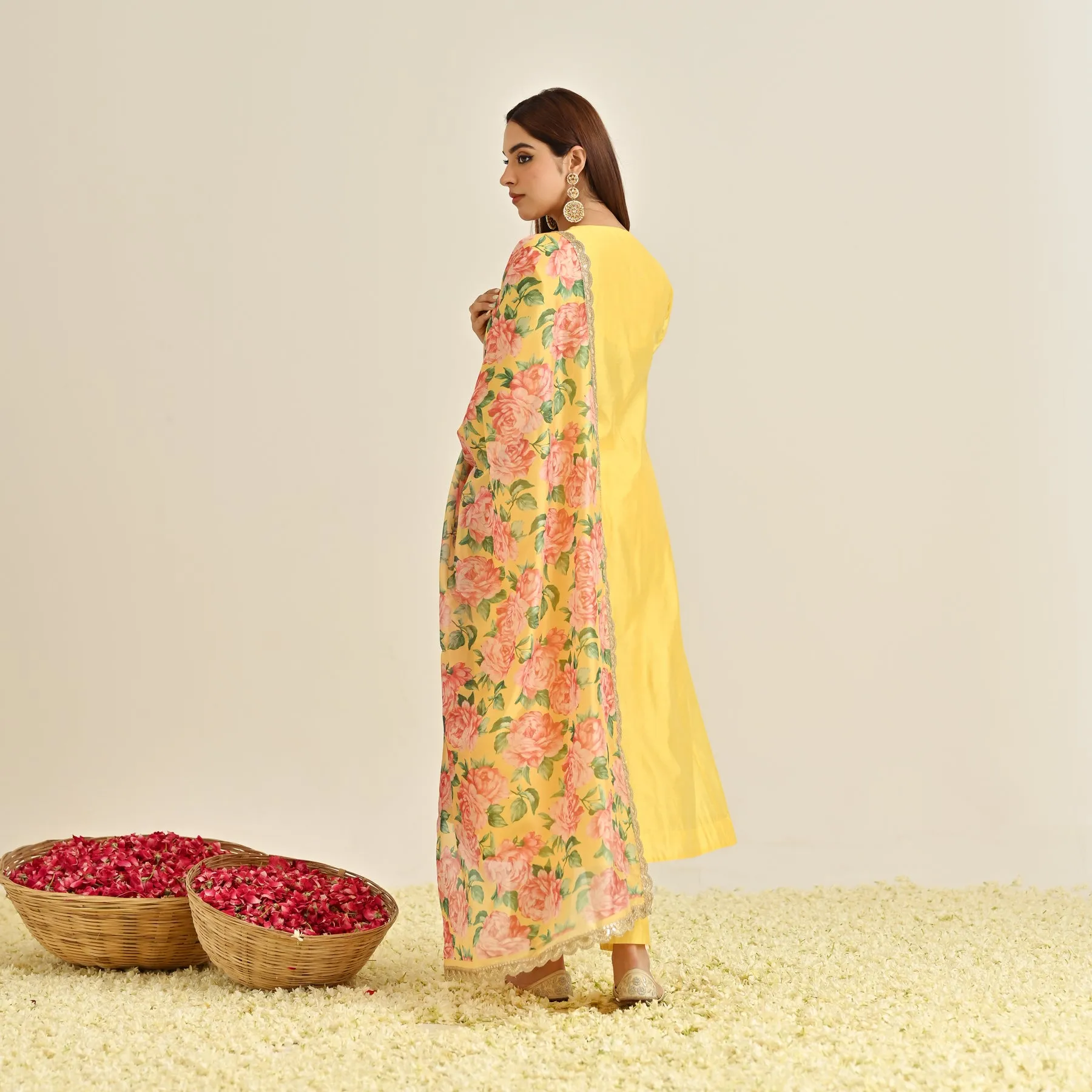 Mango Yellow Anarkali Set with Floral Printed Dupatta & Yoke Embroidery