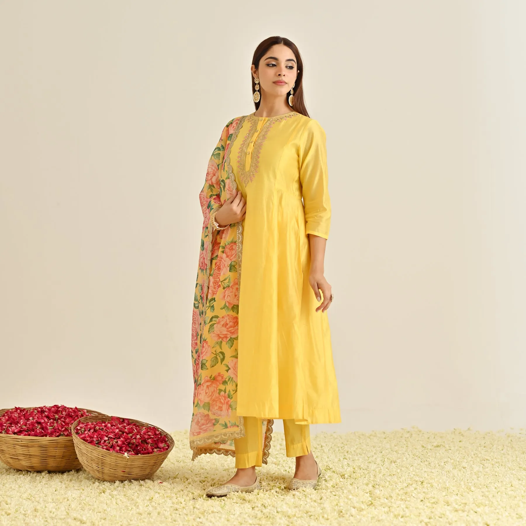 Mango Yellow Anarkali Set with Floral Printed Dupatta & Yoke Embroidery
