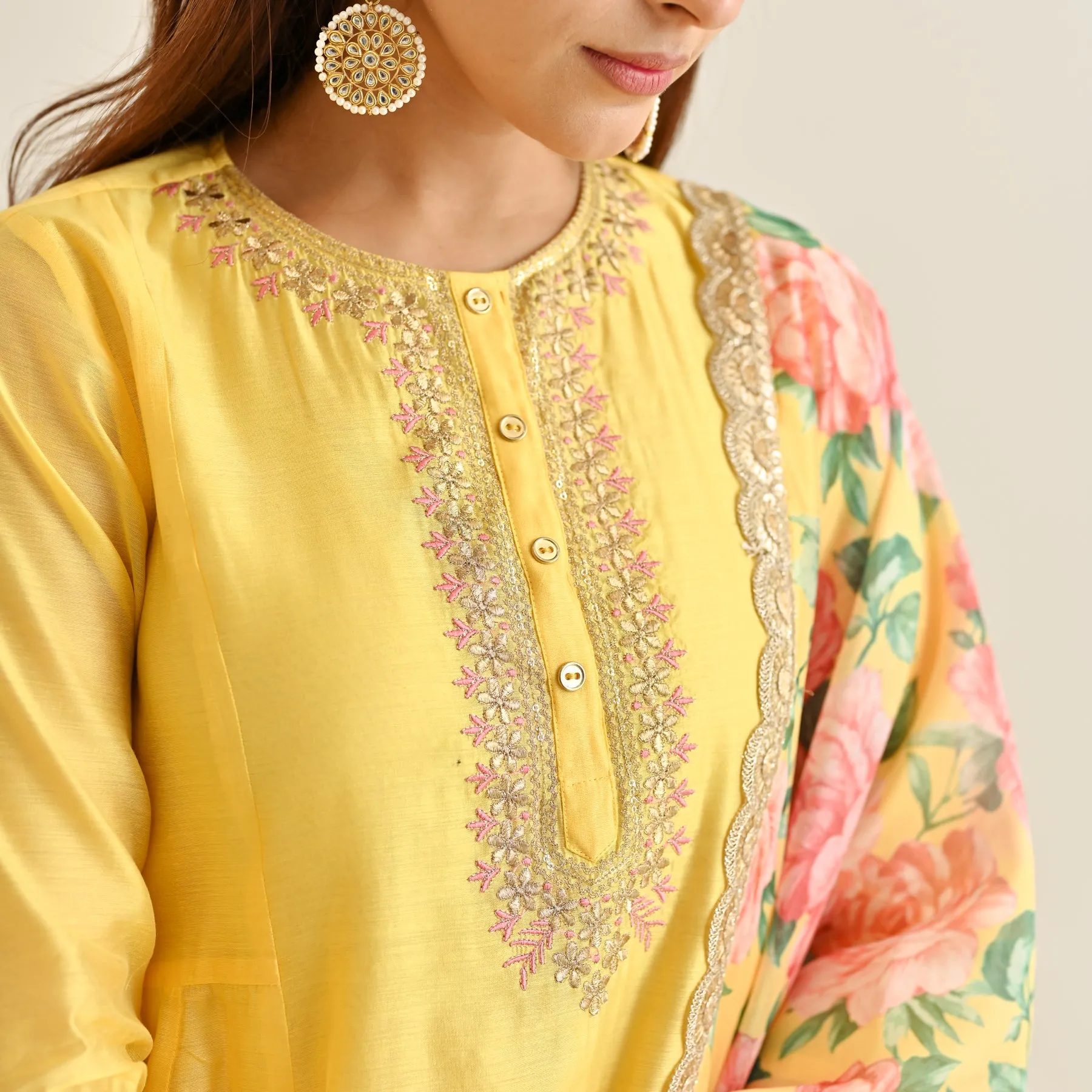 Mango Yellow Anarkali Set with Floral Printed Dupatta & Yoke Embroidery