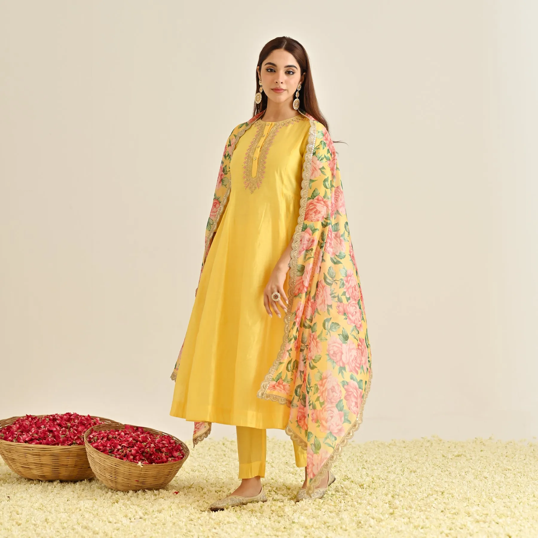 Mango Yellow Anarkali Set with Floral Printed Dupatta & Yoke Embroidery