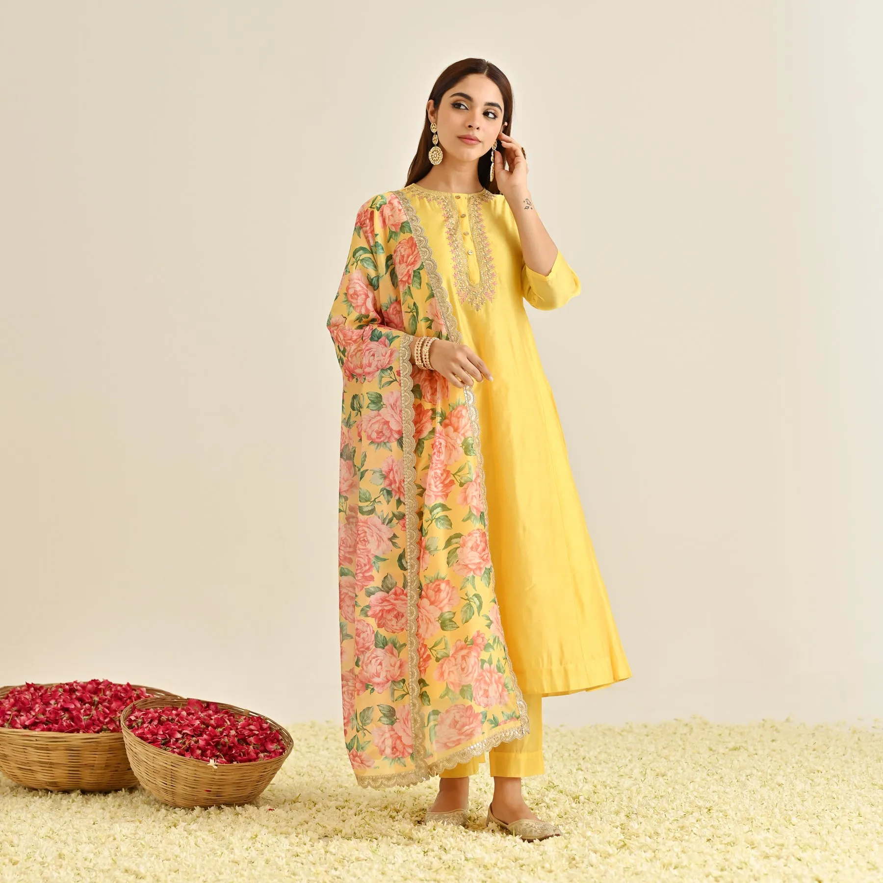 Mango Yellow Anarkali Set with Floral Printed Dupatta & Yoke Embroidery
