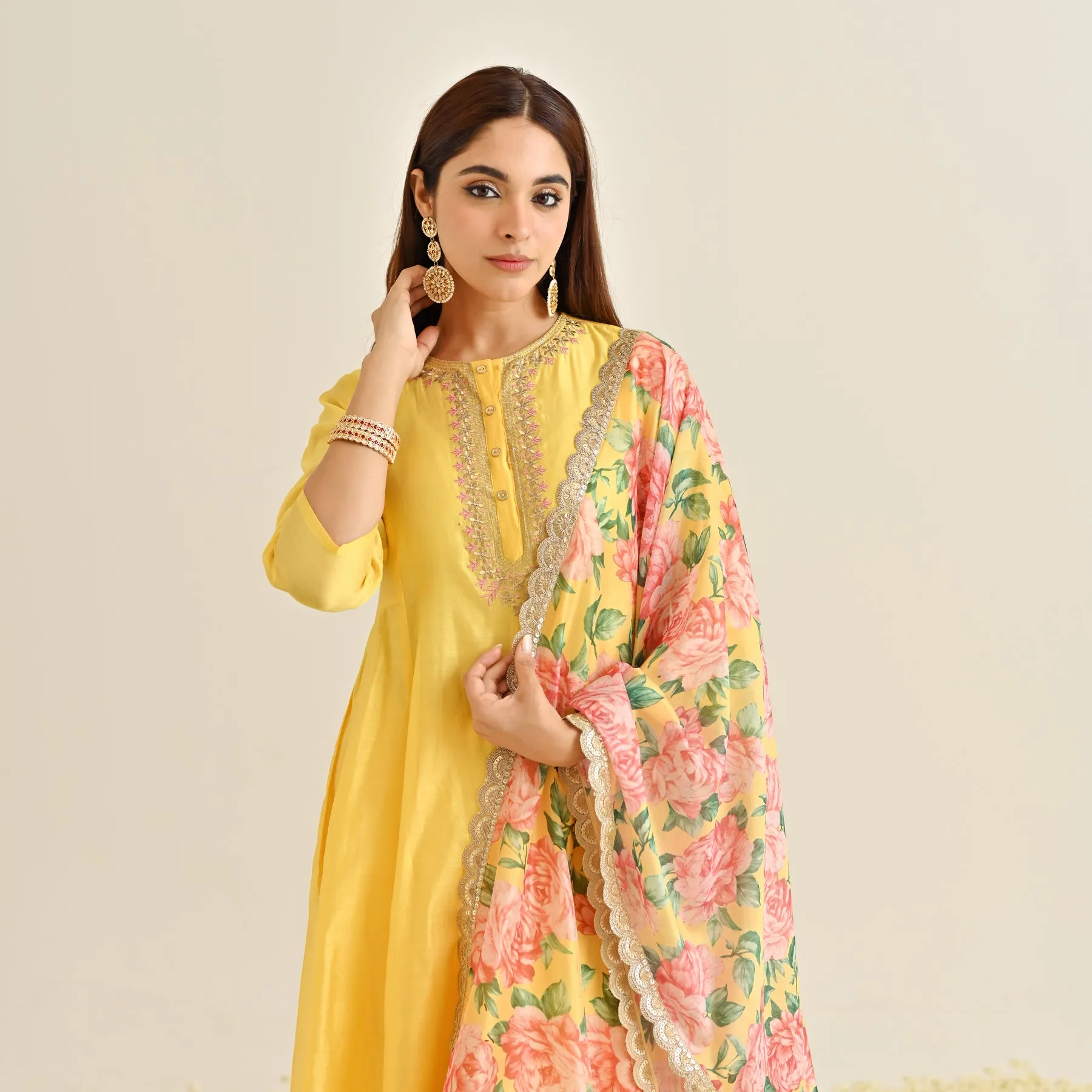 Mango Yellow Anarkali Set with Floral Printed Dupatta & Yoke Embroidery