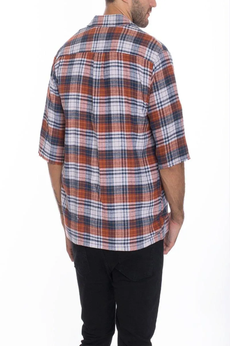 Mens Blue Orange Plaid Short Sleeve Zip Flannel