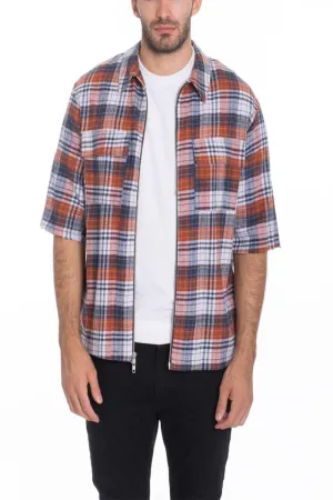 Mens Blue Orange Plaid Short Sleeve Zip Flannel