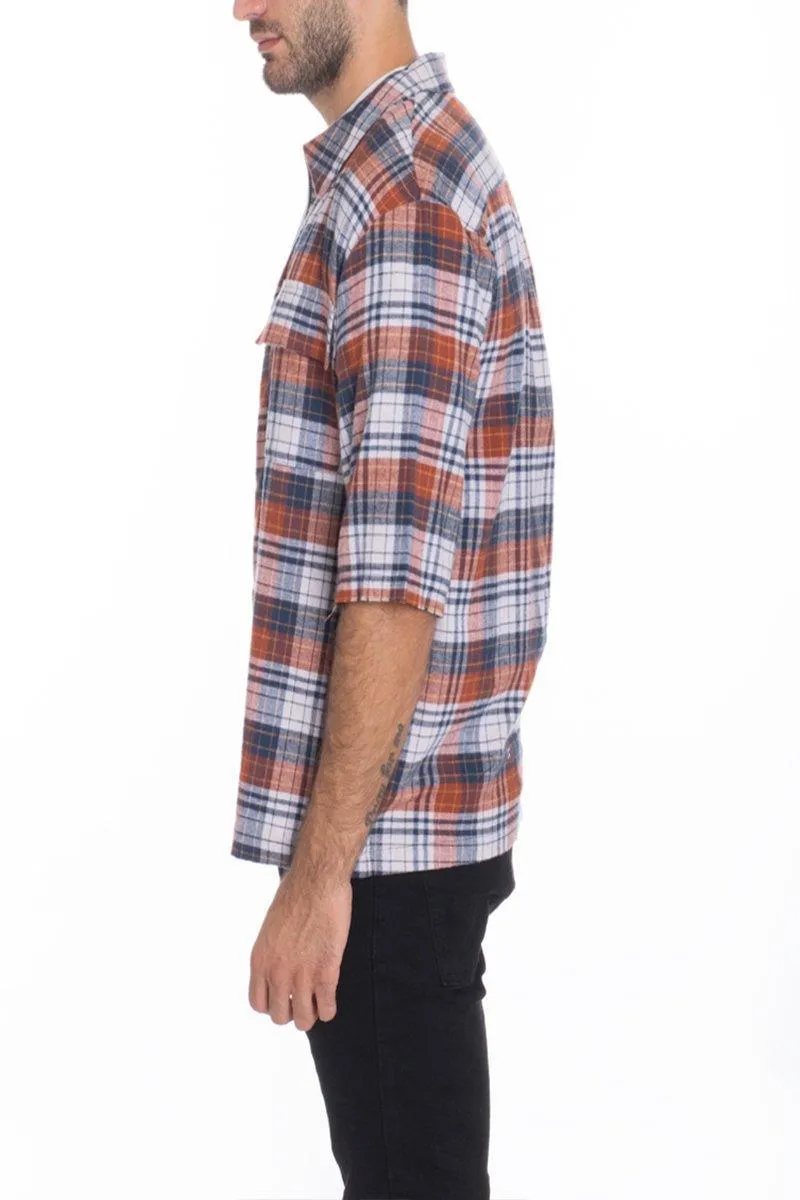 Mens Blue Orange Plaid Short Sleeve Zip Flannel