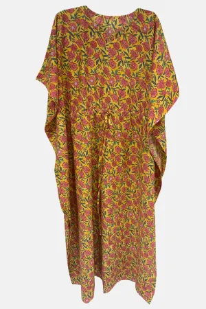 Naidu Hall Round Neck Kaftan Style Printed Nighty - Yellow  - NT65