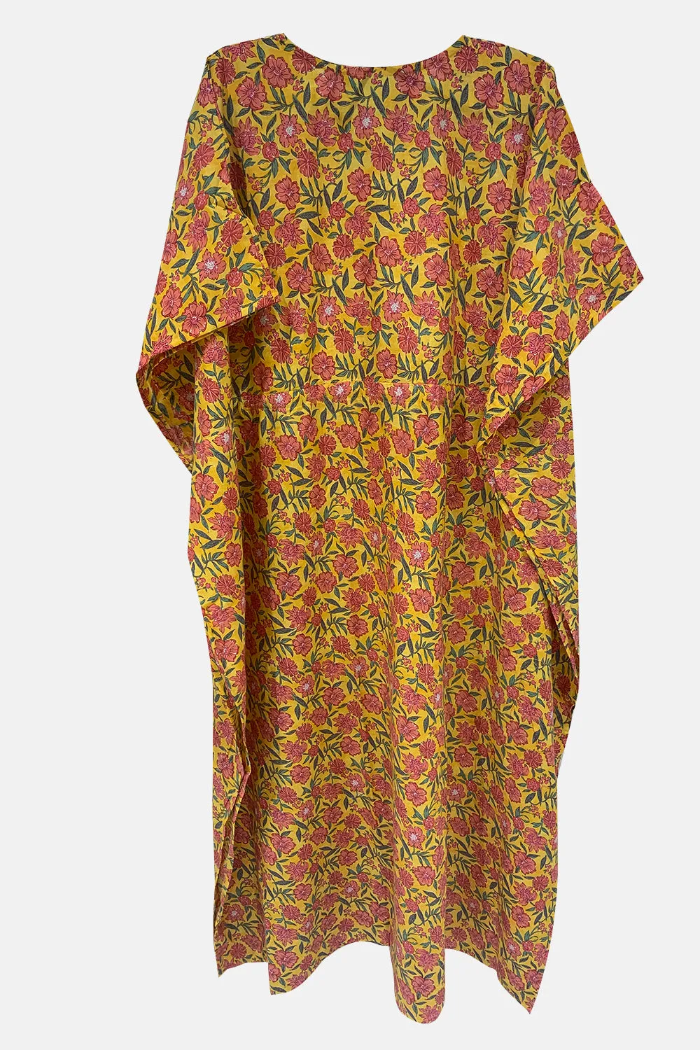 Naidu Hall Round Neck Kaftan Style Printed Nighty - Yellow  - NT65