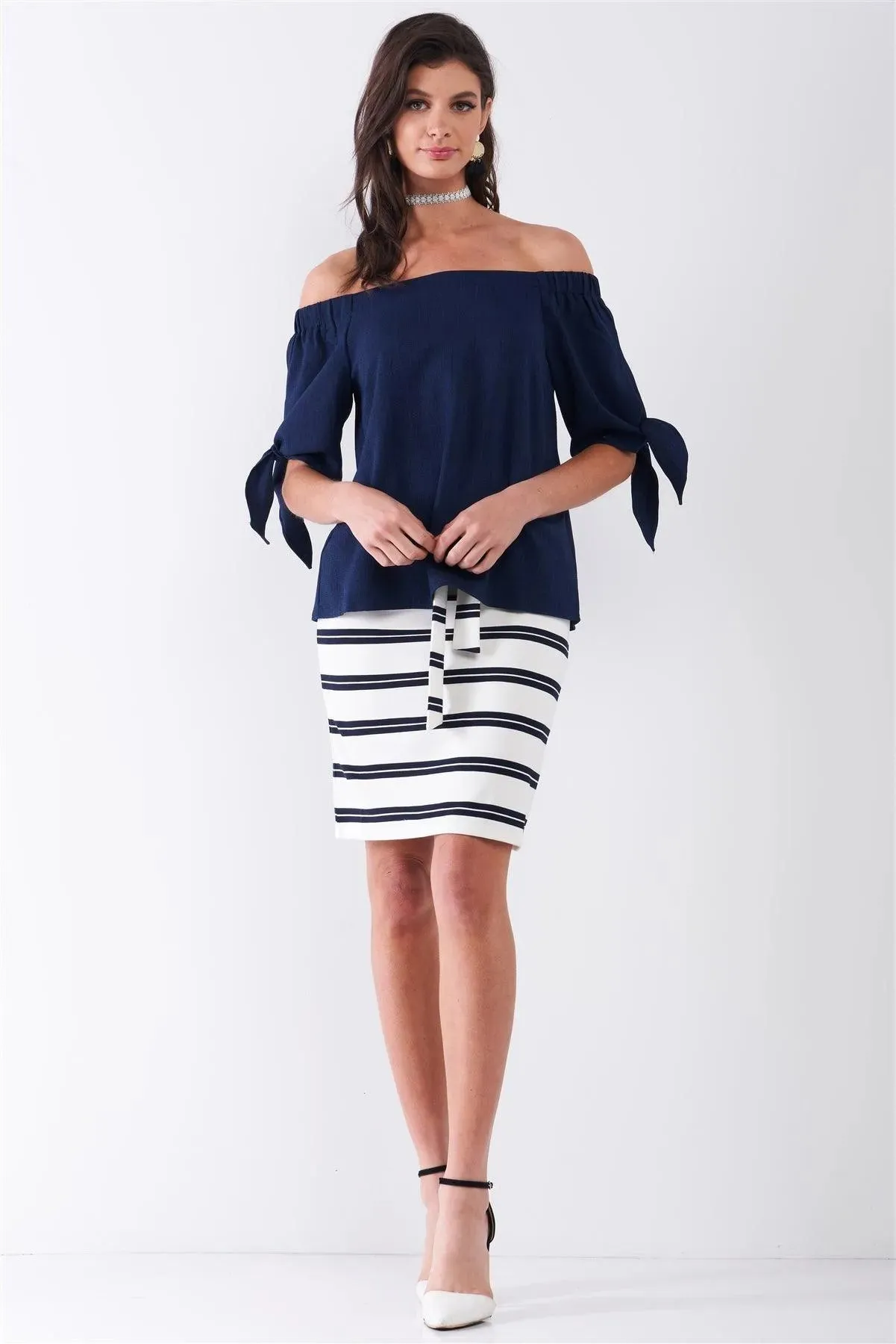 Navy Blue Off-The-Shoulder Self-Tie Short Sleeve Relaxed Top /1-2-2