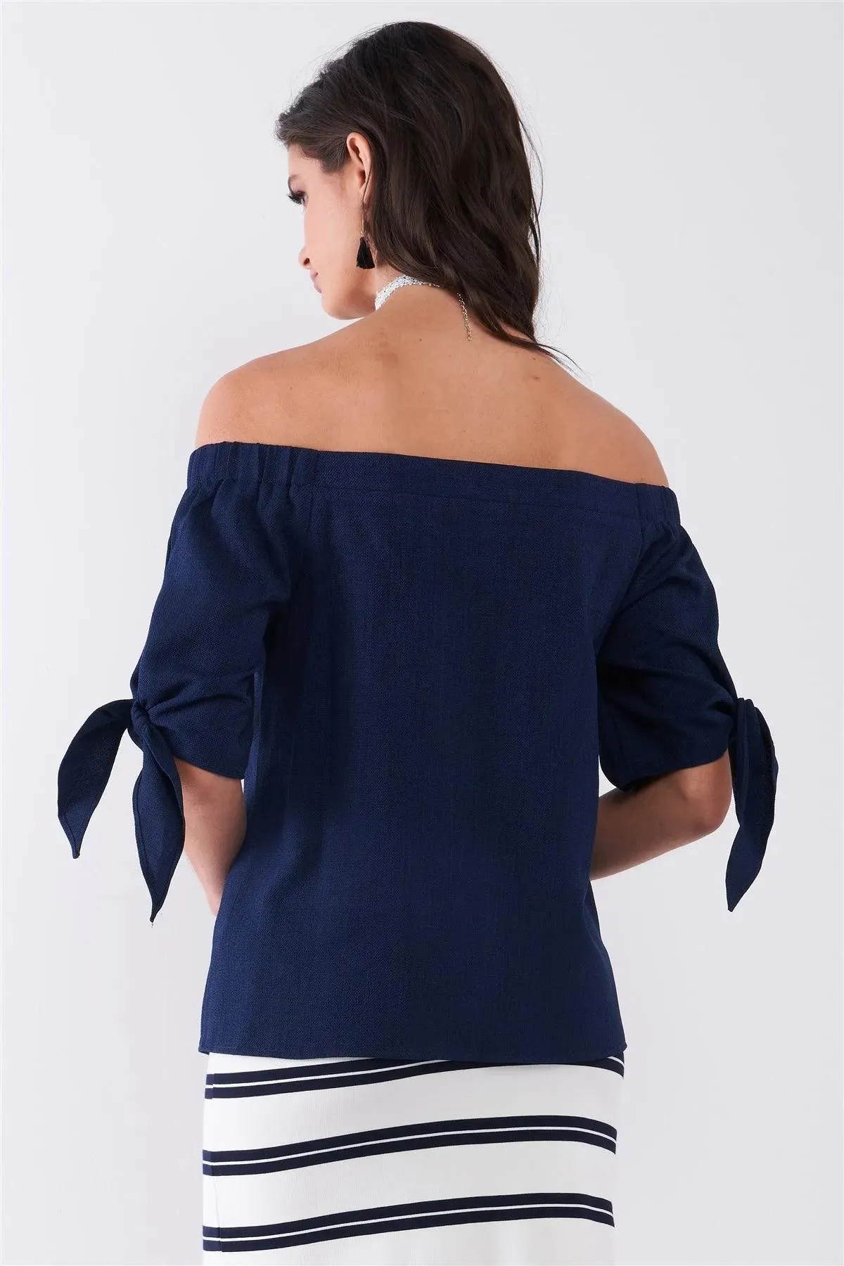 Navy Blue Off-The-Shoulder Self-Tie Short Sleeve Relaxed Top /1-2-2