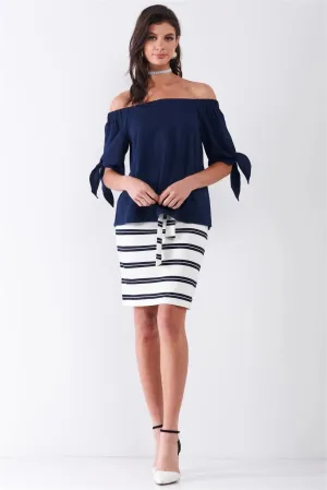 Navy Blue Off-The-Shoulder Self-Tie Short Sleeve Relaxed Top /1-2-2