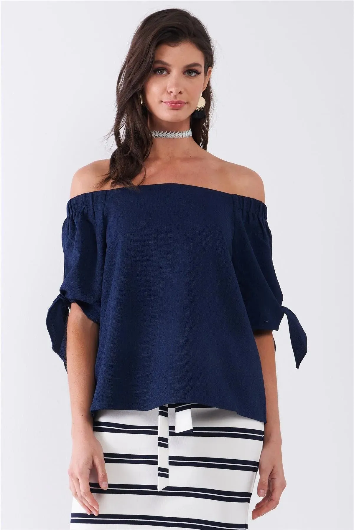 Navy Blue Off-The-Shoulder Self-Tie Short Sleeve Relaxed Top /1-2-2