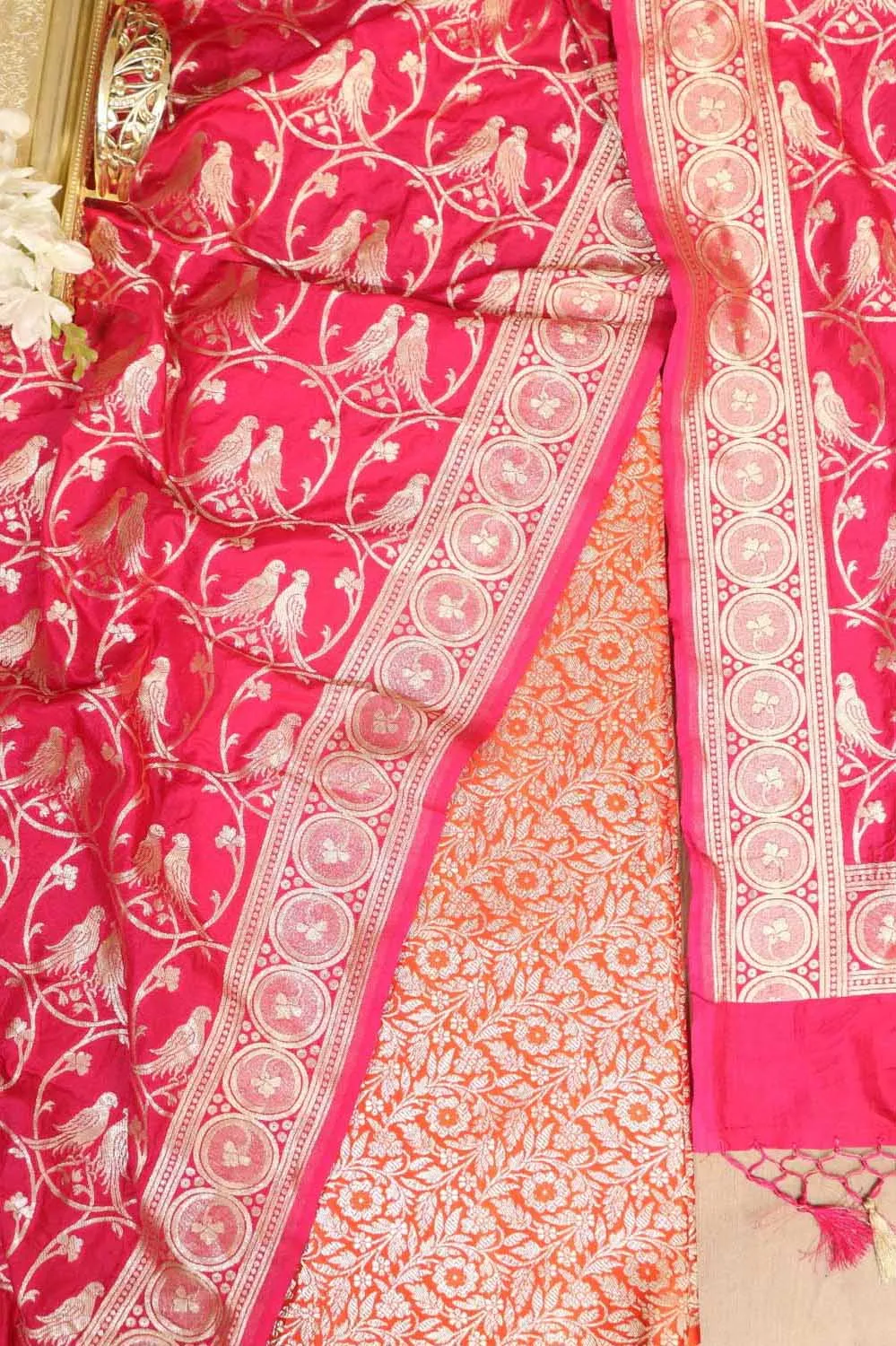 Orange Banarasi Silk Satin Zari Brocade Suit With Pink Banarasi Silk Parrot Design Dupatta