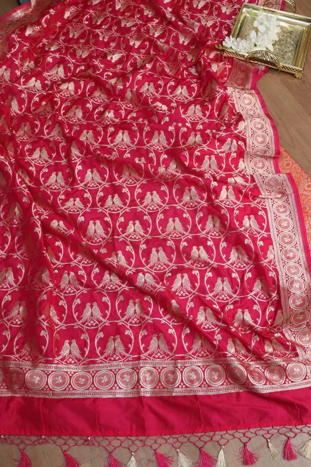 Orange Banarasi Silk Satin Zari Brocade Suit With Pink Banarasi Silk Parrot Design Dupatta
