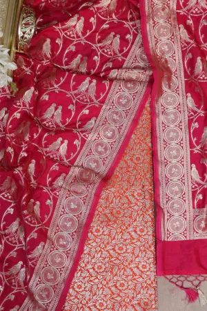Orange Banarasi Silk Satin Zari Brocade Suit With Pink Banarasi Silk Parrot Design Dupatta