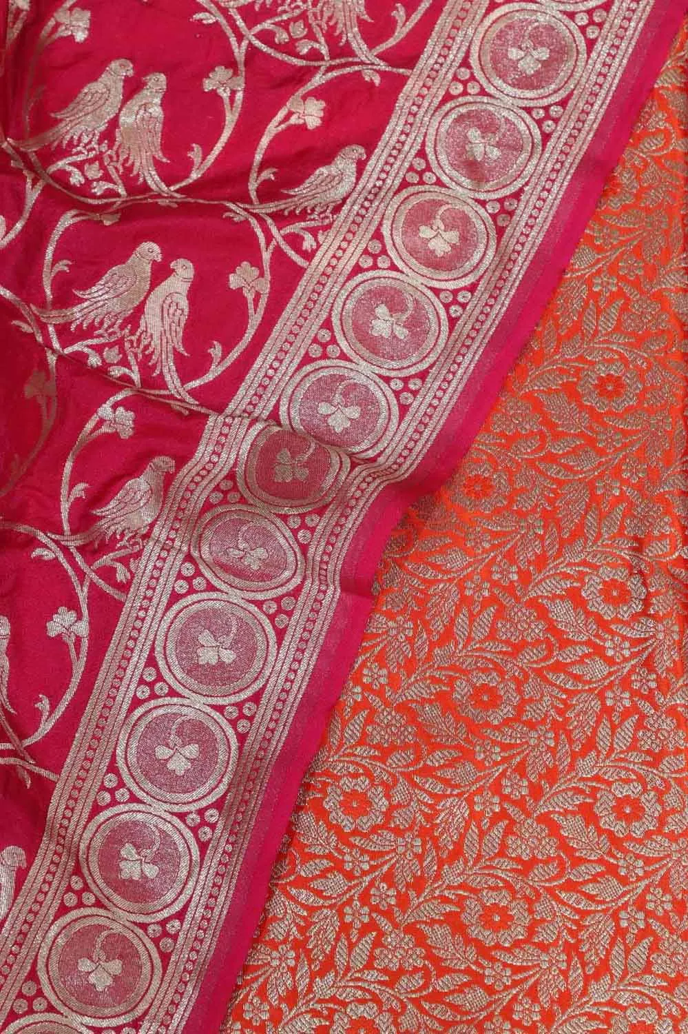 Orange Banarasi Silk Satin Zari Brocade Suit With Pink Banarasi Silk Parrot Design Dupatta