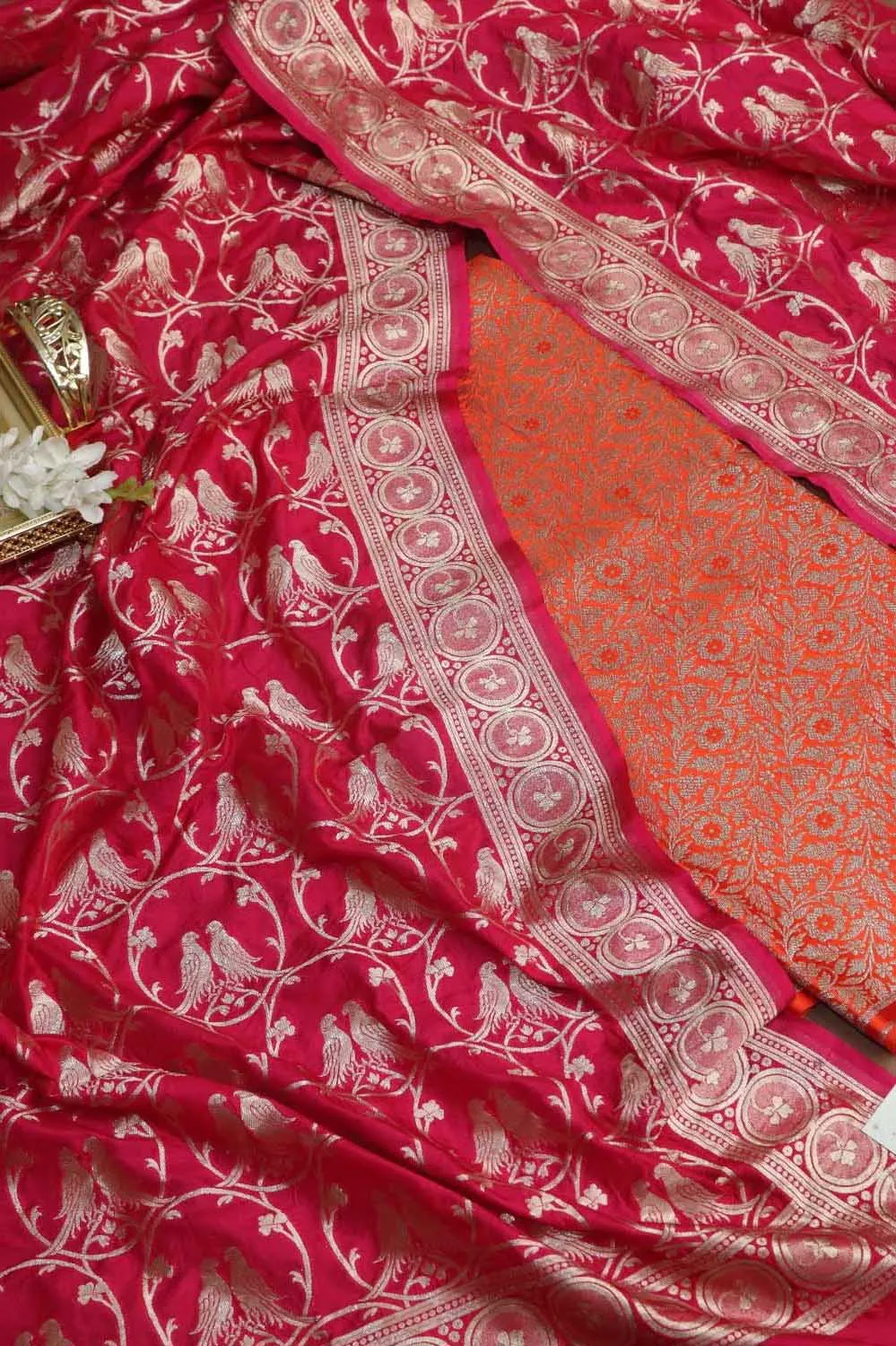 Orange Banarasi Silk Satin Zari Brocade Suit With Pink Banarasi Silk Parrot Design Dupatta