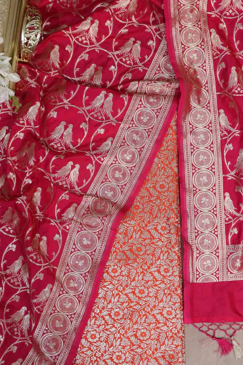 Orange Banarasi Silk Satin Zari Brocade Suit With Pink Banarasi Silk Parrot Design Dupatta