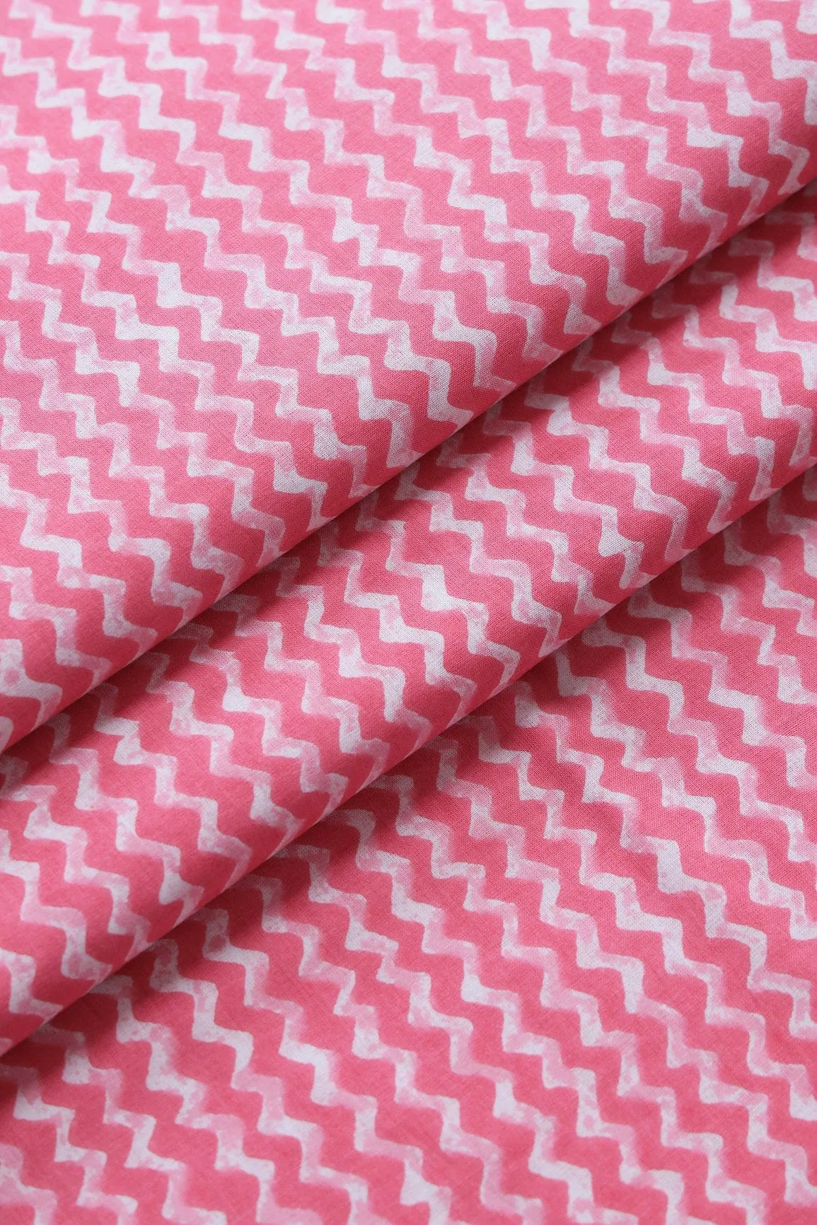Pink And White Chevron Print On Pure Cotton Fabric