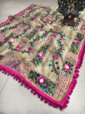 Pink Silk Pom Pom Phulkari Dupatta with Exquisite Handwork Embroidery