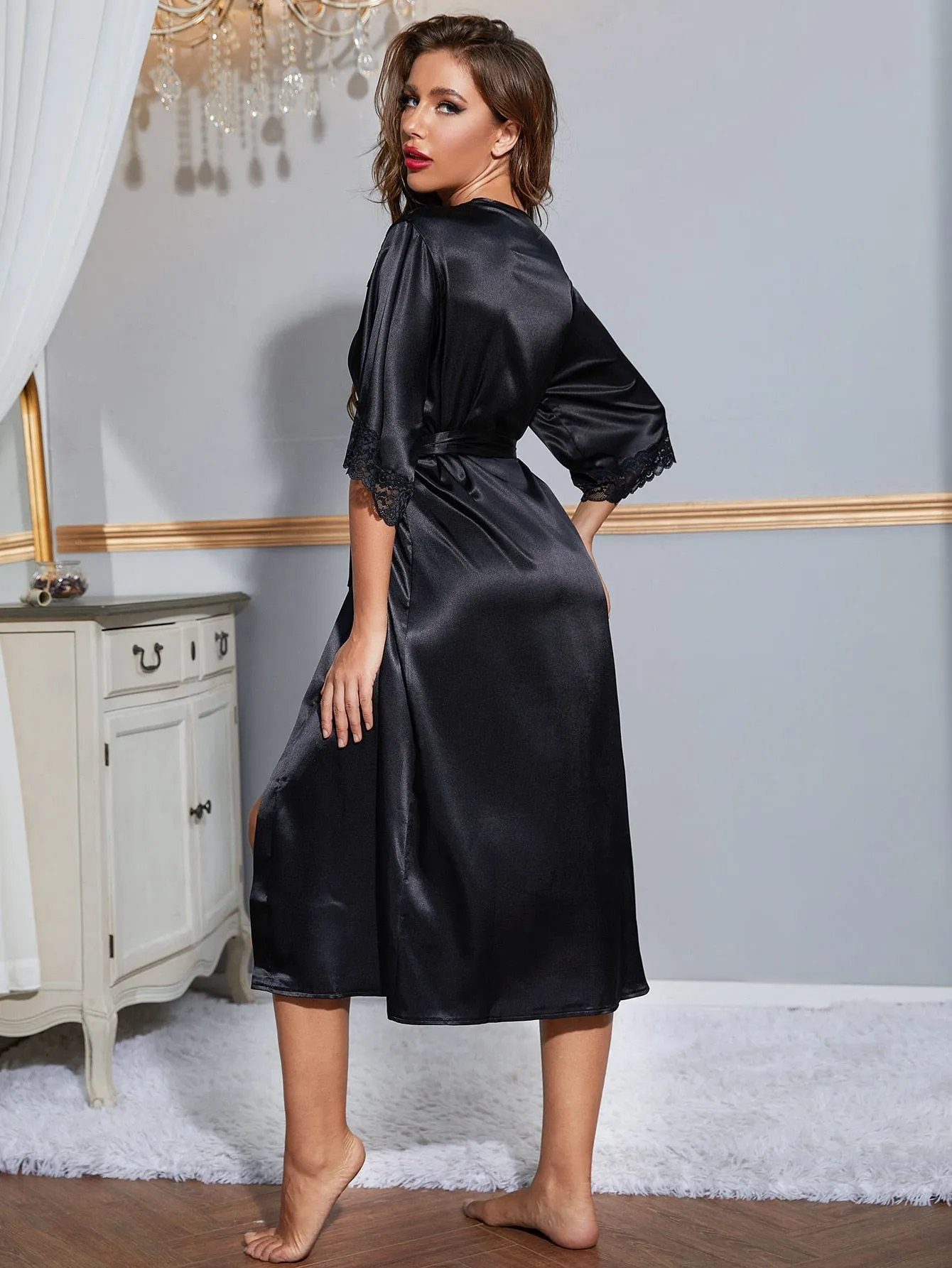 Plain Contrast Lace Three Quarter Length Sleeve V Neck Women Robes