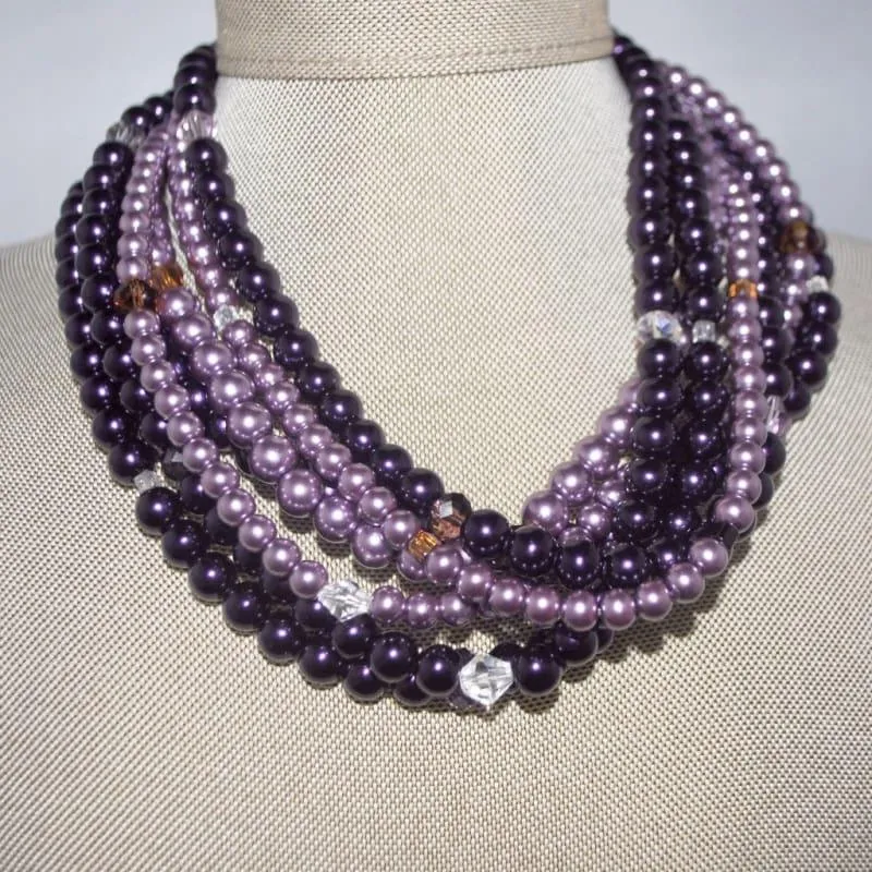 Purple / Lavender Multi Strand Glass Pearls Necklace
