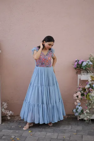 Sky Blue Faux Georgette Floral Printed Gown