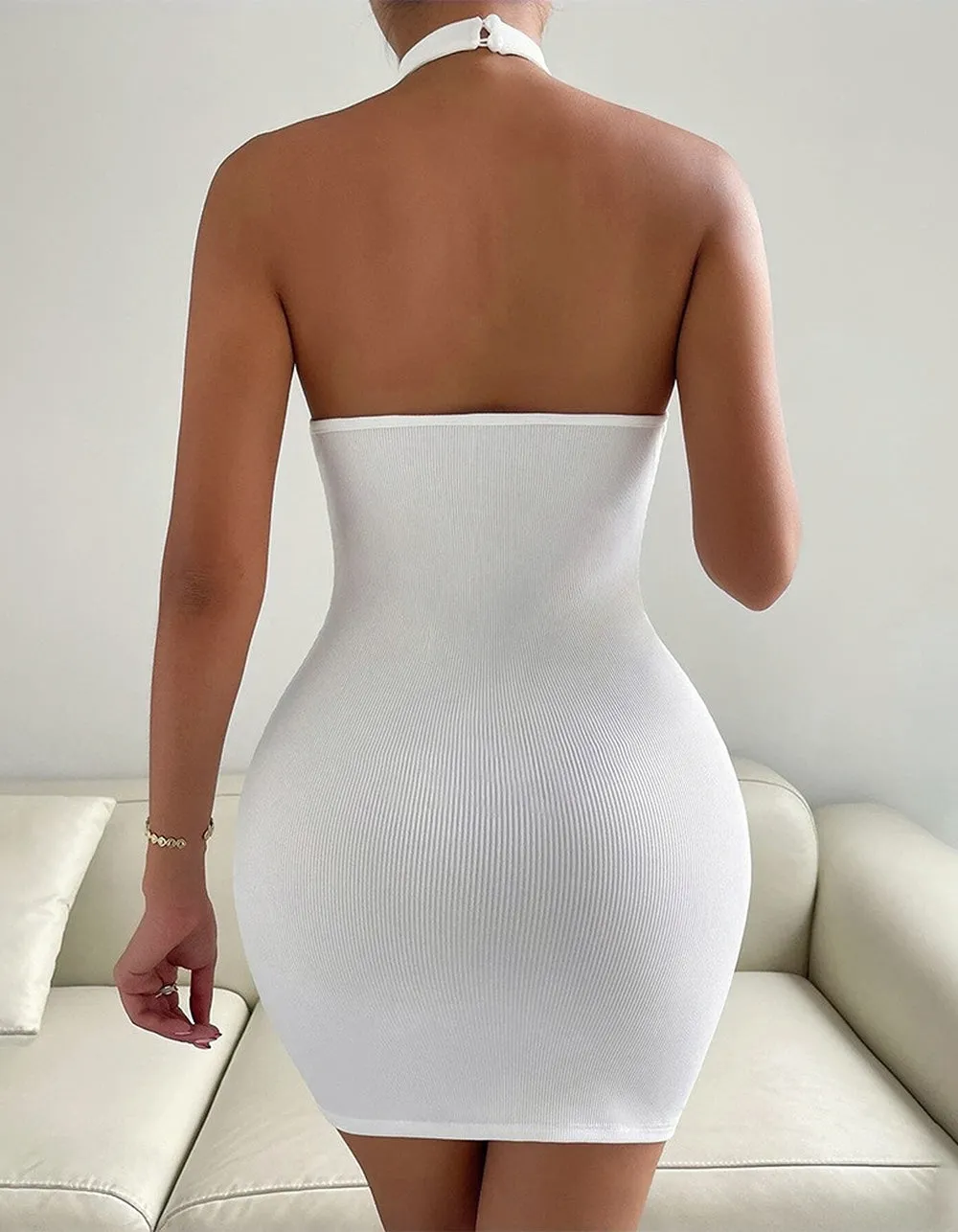 Solid-color Stand Collar Sleeveless Midi-Waist Backless Short Bodycon Dresses