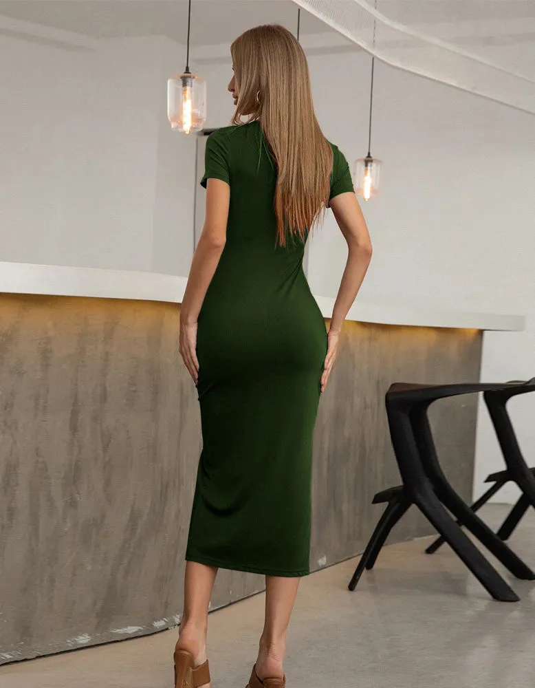 Solid-color V Neck Short Sleeve Slim Slits Midi Bodycon Dresses