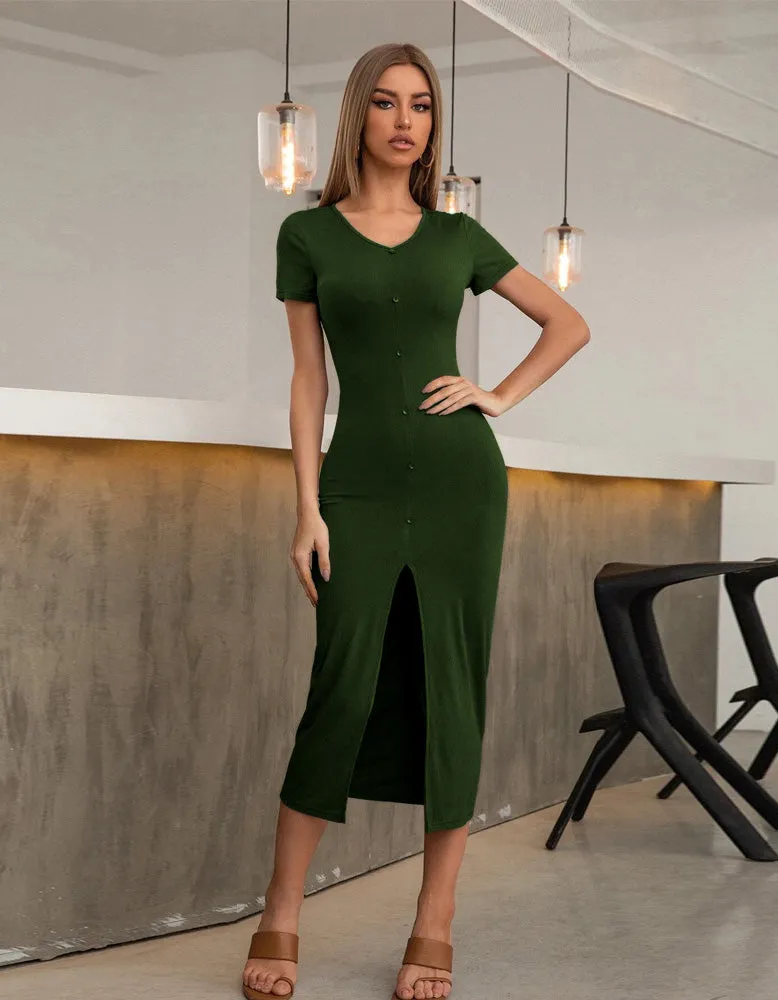 Solid-color V Neck Short Sleeve Slim Slits Midi Bodycon Dresses