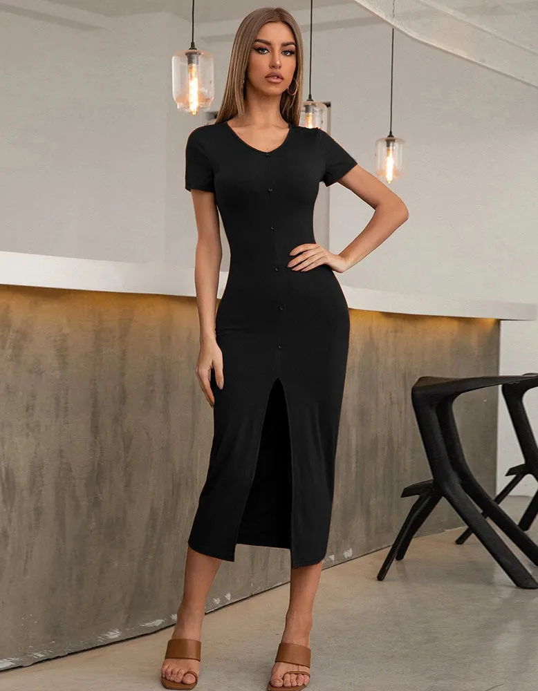 Solid-color V Neck Short Sleeve Slim Slits Midi Bodycon Dresses