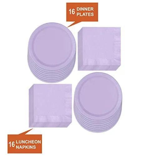 Solid Purple Paper Dinner Plates and Luncheon Napkins, Purple Party Supplies and Table Decorations (Serves 16)