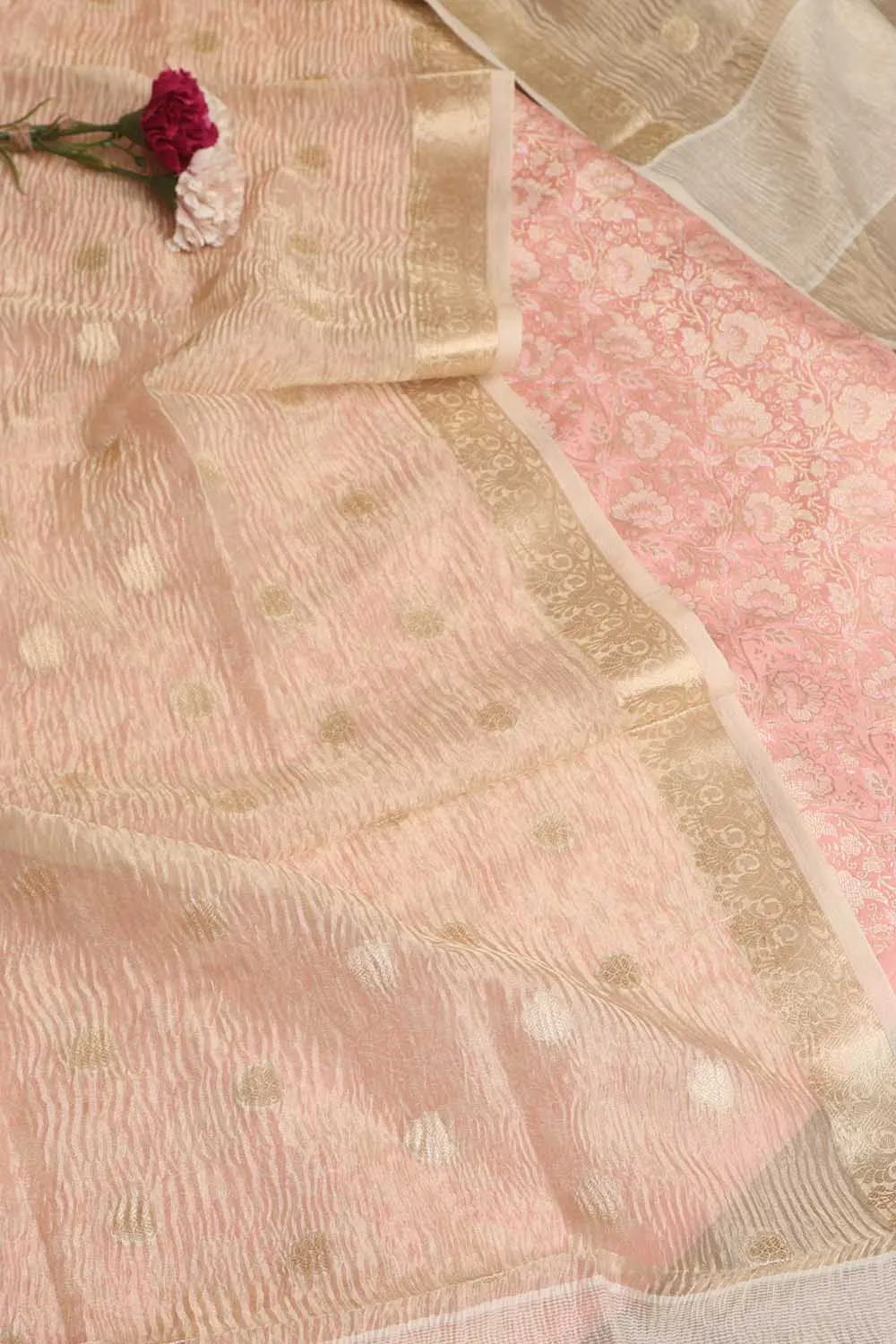 Stunning Pink Banarasi Brocade Silk Suit With Dyeable Banarasi Handloom Tissue Silk Polka Dot Dupatta