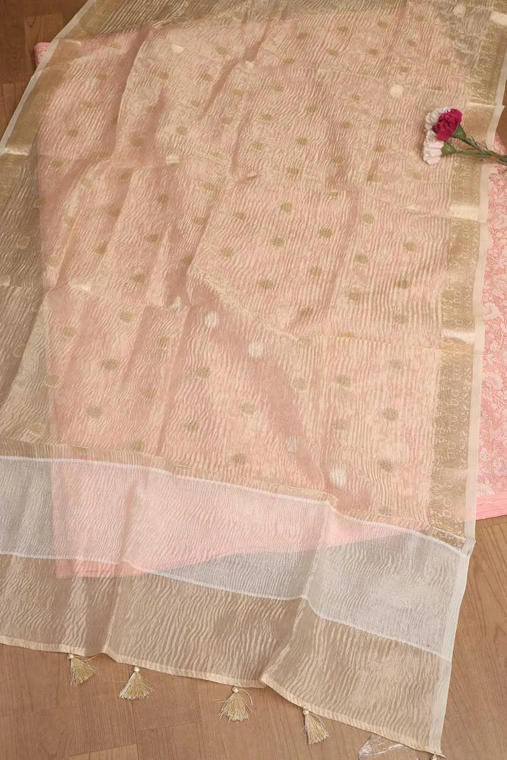 Stunning Pink Banarasi Brocade Silk Suit With Dyeable Banarasi Handloom Tissue Silk Polka Dot Dupatta