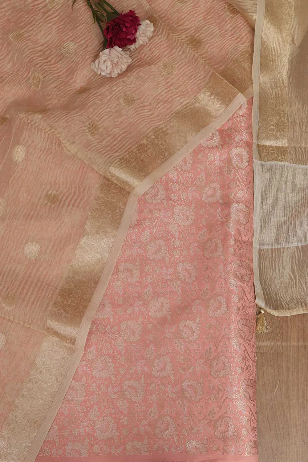Stunning Pink Banarasi Brocade Silk Suit With Dyeable Banarasi Handloom Tissue Silk Polka Dot Dupatta