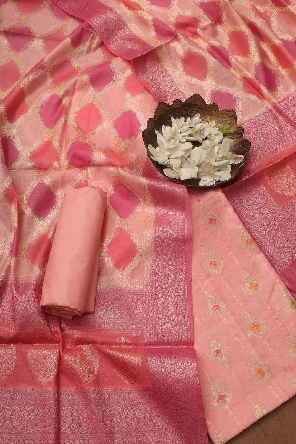 Stunning Pink Banarasi Chanderi Silk Brush Dye Three Piece Unstitched Suit Set