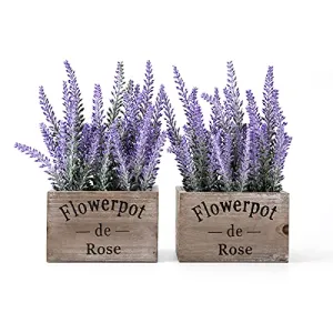 Velener Faux Lavender Plant With Wooden Tray 5 Inch Long Set of 2