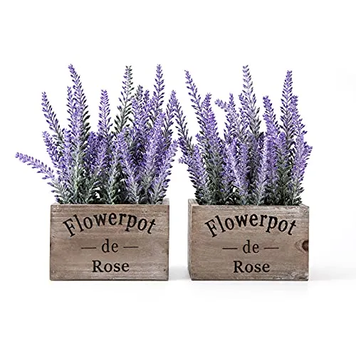 Velener Faux Lavender Plant With Wooden Tray 5 Inch Long Set of 2