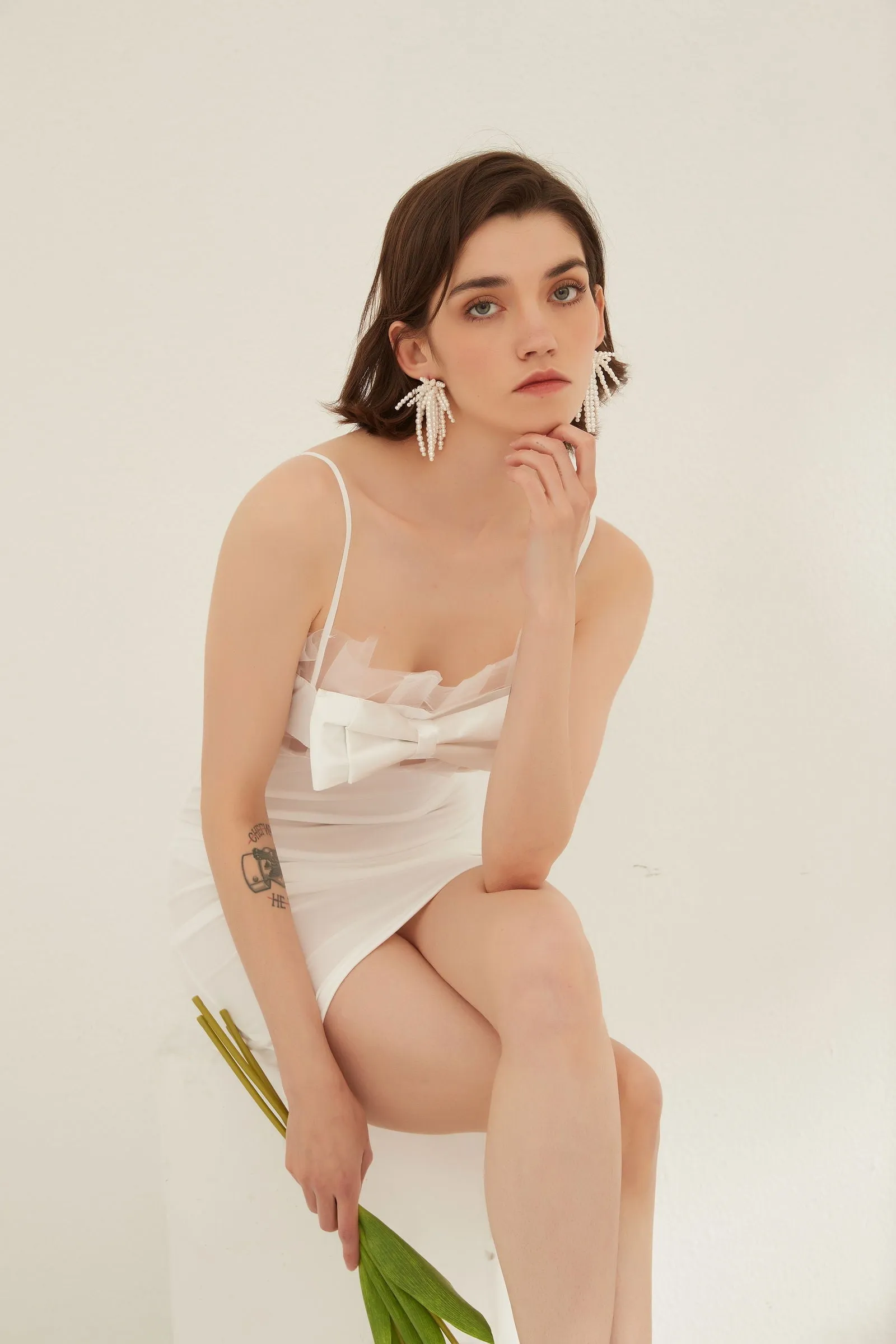 White Sheer Panel Bow-Front Midi Night Dress