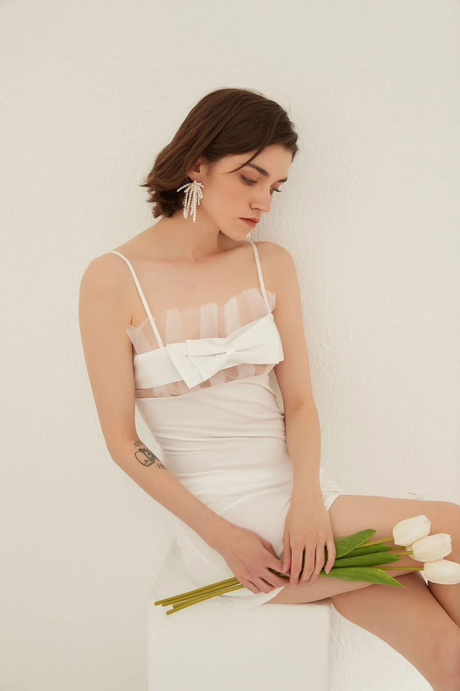 White Sheer Panel Bow-Front Midi Night Dress