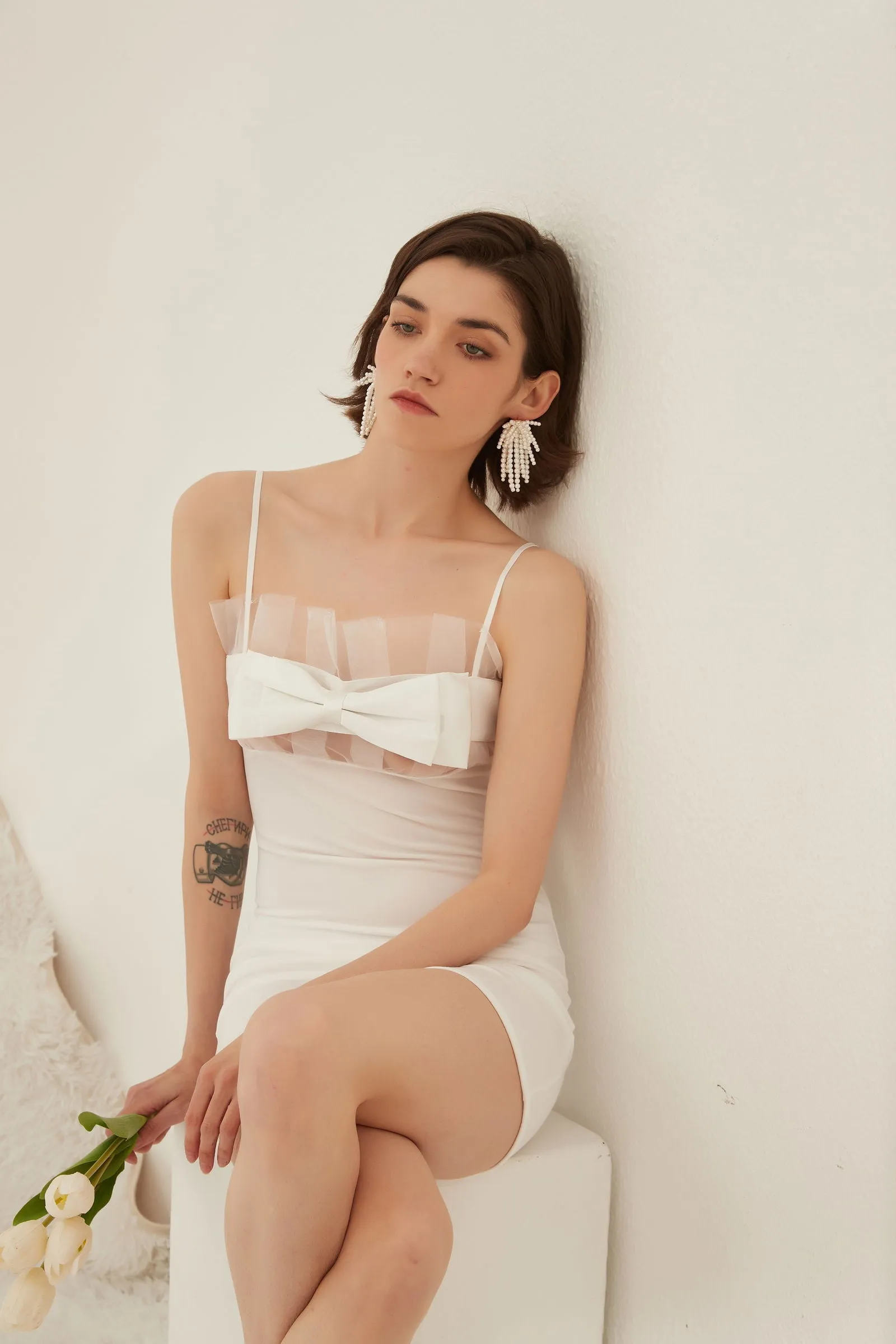 White Sheer Panel Bow-Front Midi Night Dress