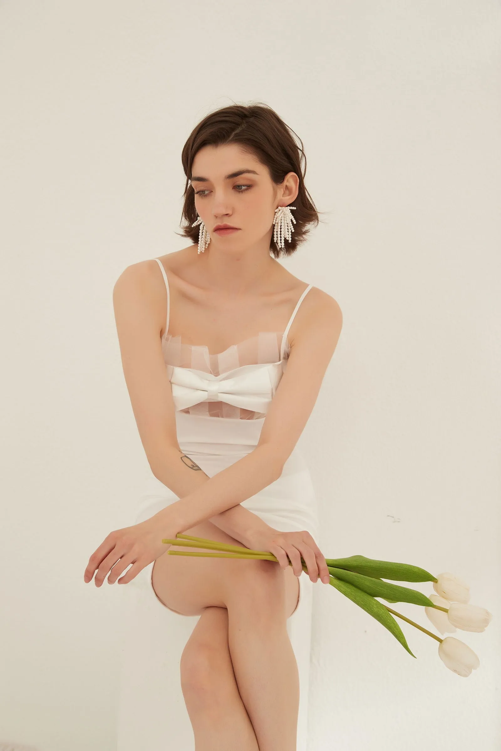 White Sheer Panel Bow-Front Midi Night Dress