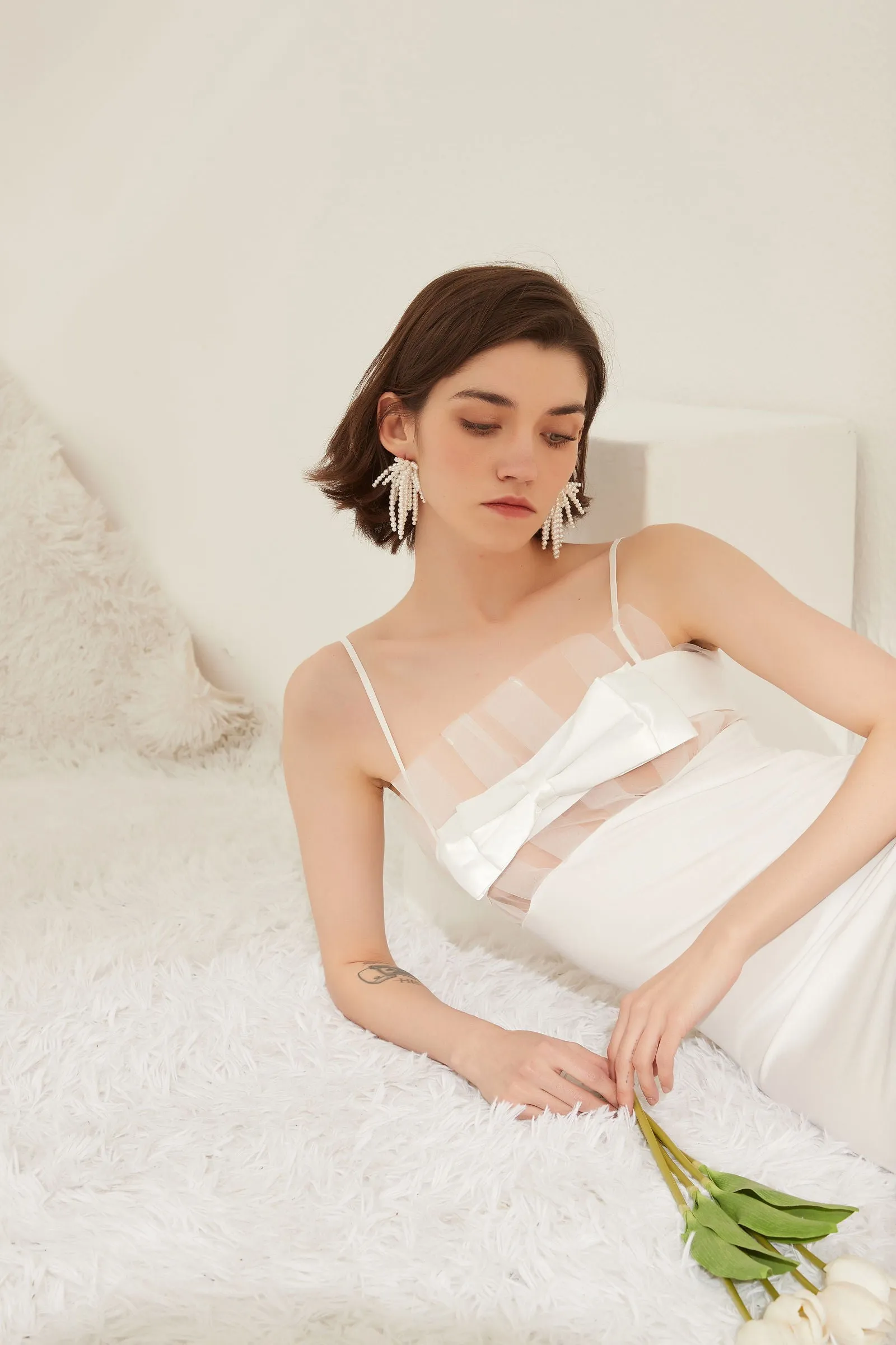 White Sheer Panel Bow-Front Midi Night Dress