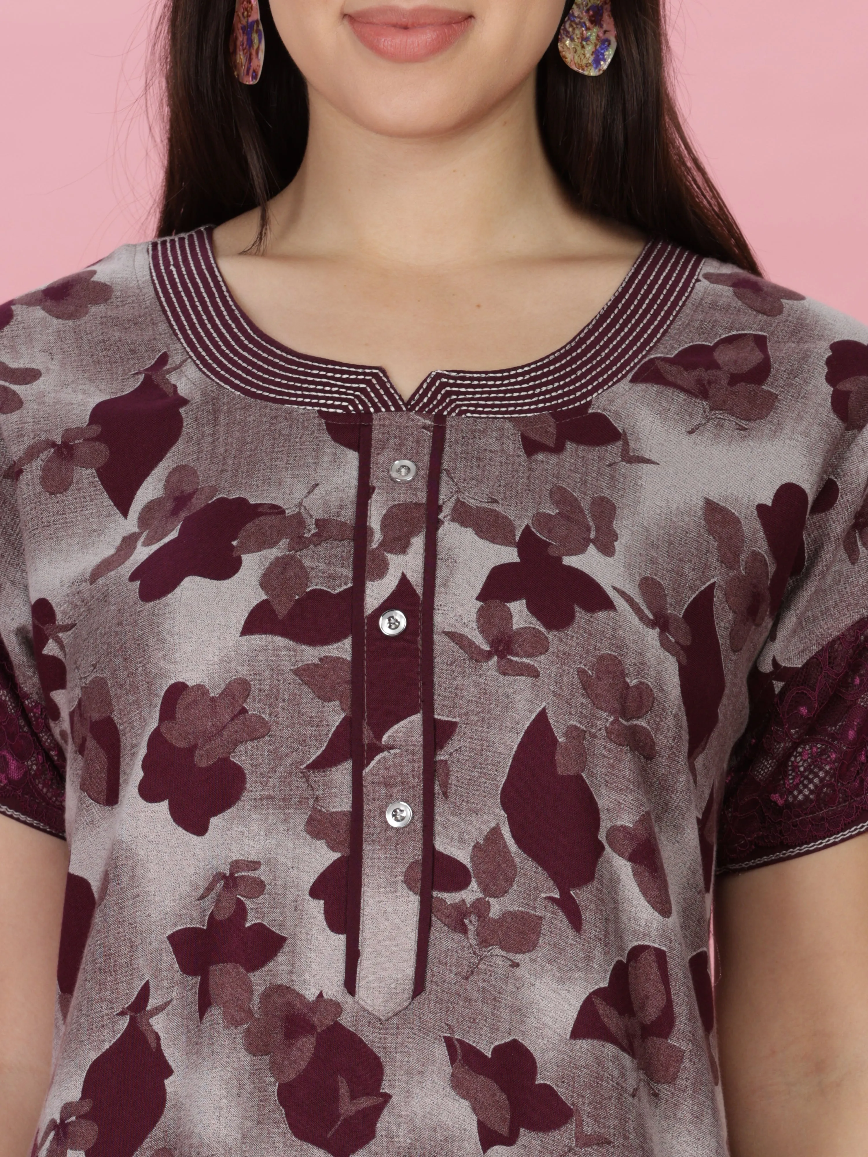 Wine Alpine Nighty - Luxurious Comfort with Embroidery and Pocket