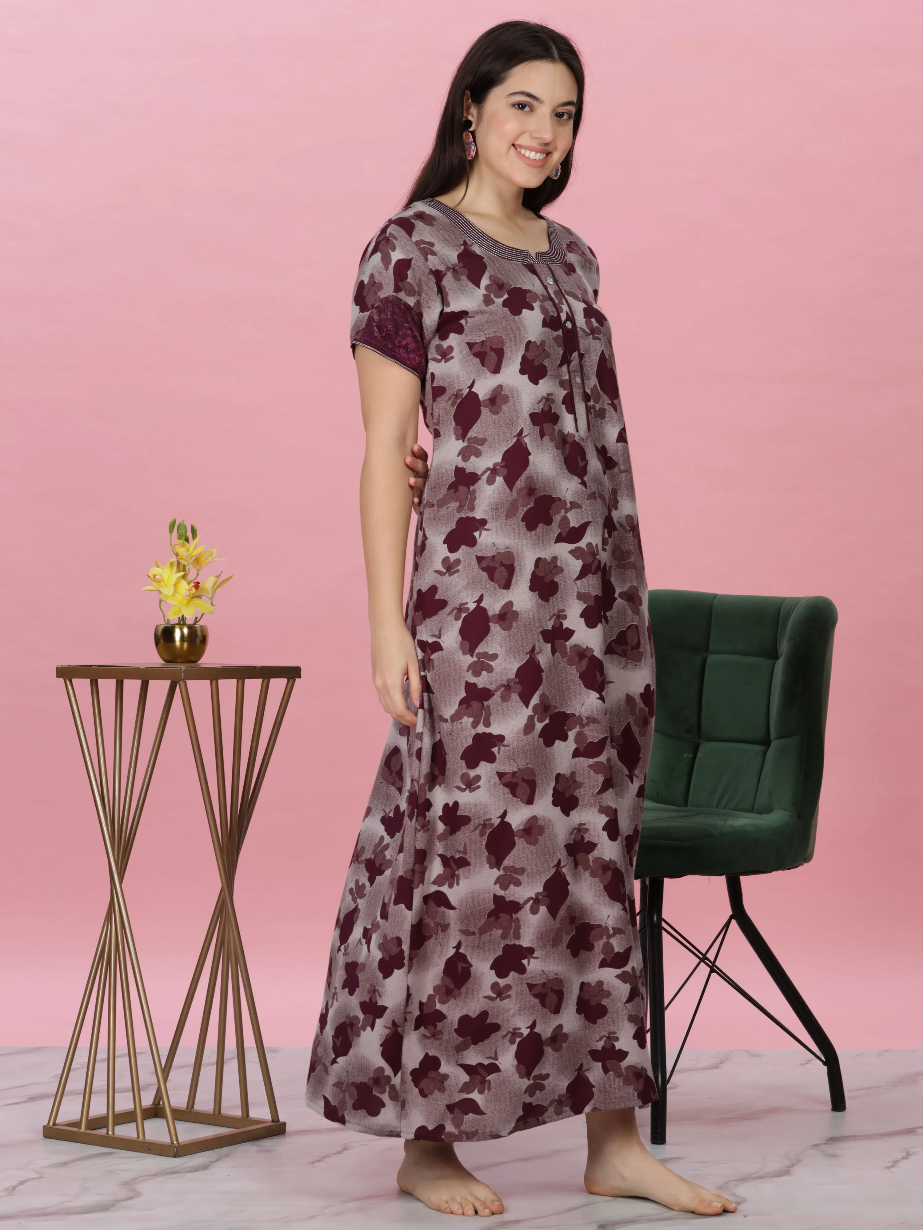 Wine Alpine Nighty - Luxurious Comfort with Embroidery and Pocket
