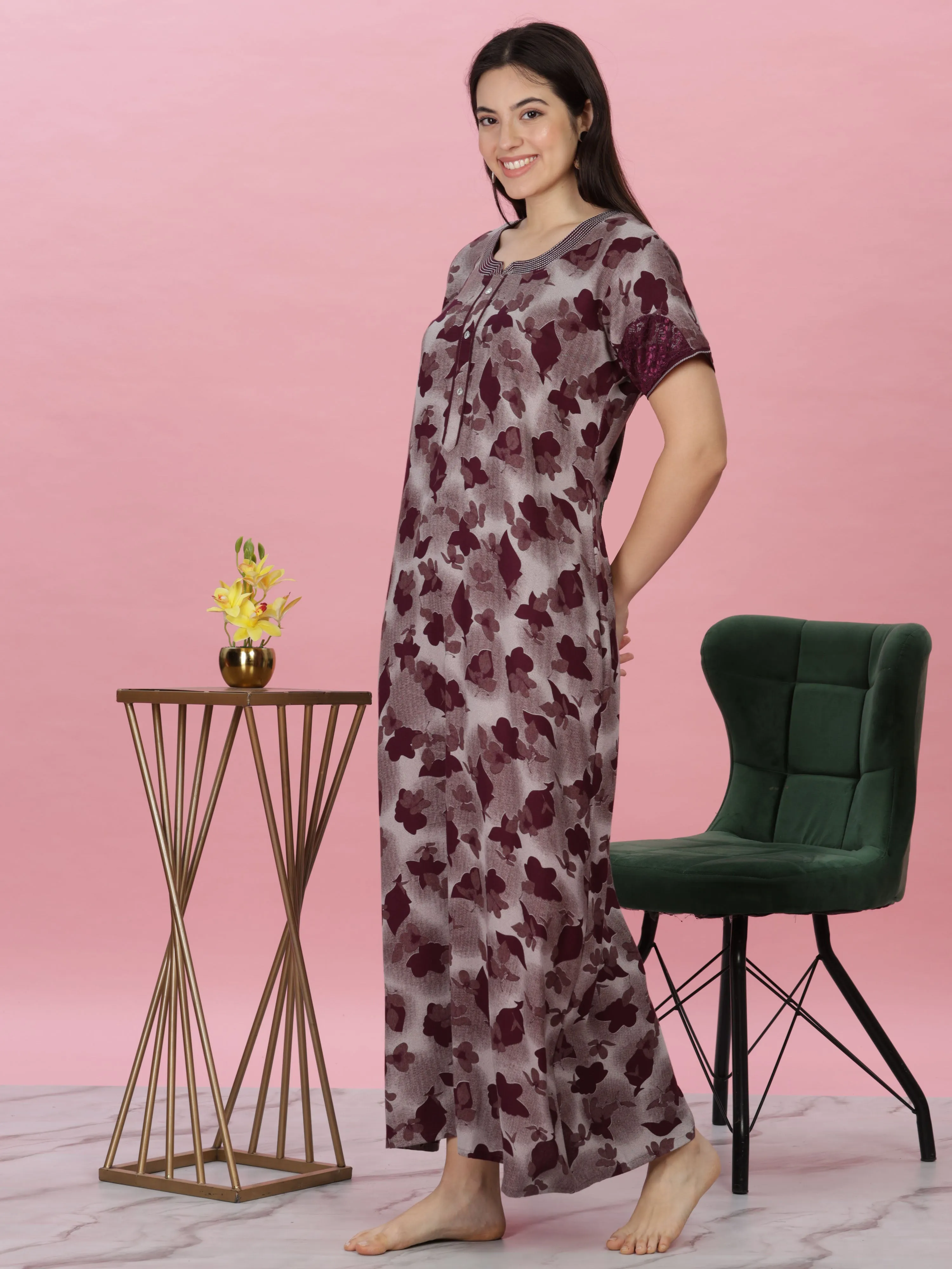Wine Alpine Nighty - Luxurious Comfort with Embroidery and Pocket