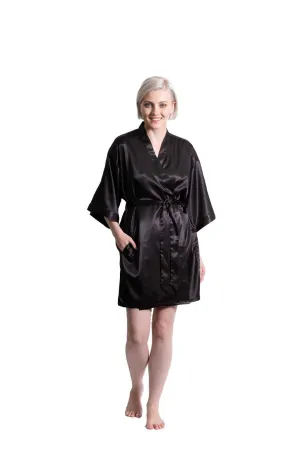 Woman’s Satin Kimono Short Robe, Luxury & Lightweight, Comfortable Robe, (Black)