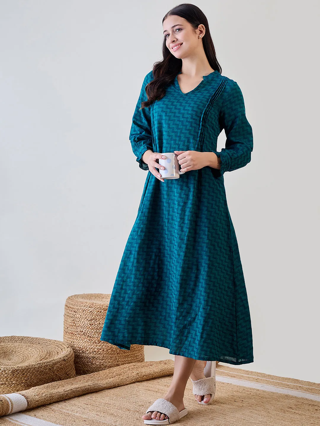 Women's Blue Cotton Solid Plain Nightdress - The Kaftan Company
