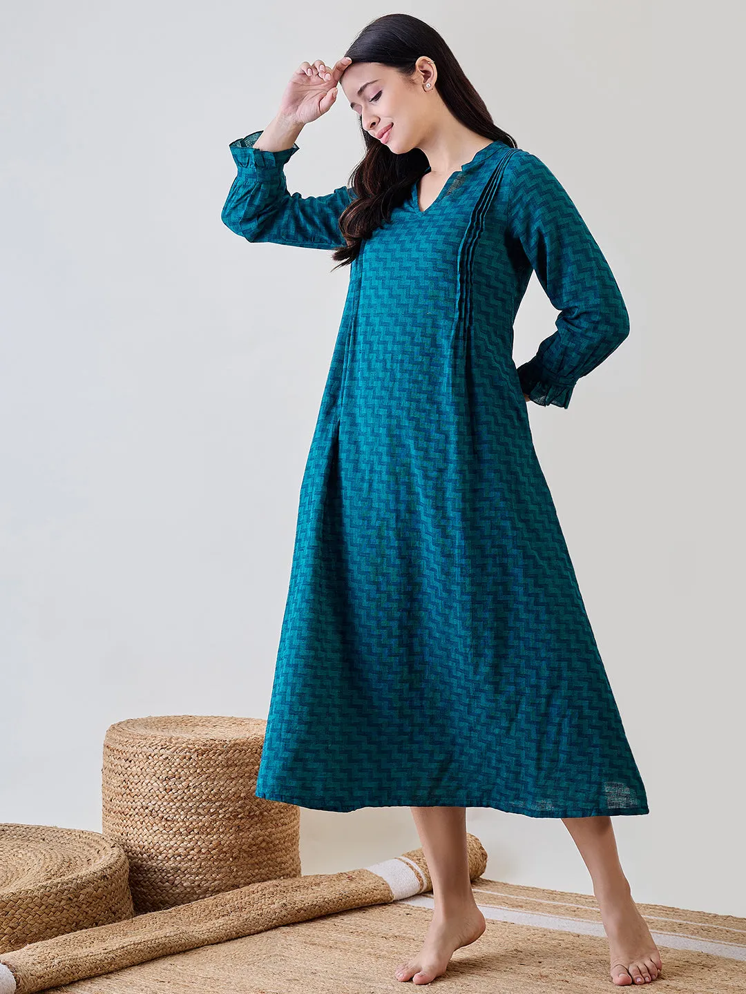 Women's Blue Cotton Solid Plain Nightdress - The Kaftan Company