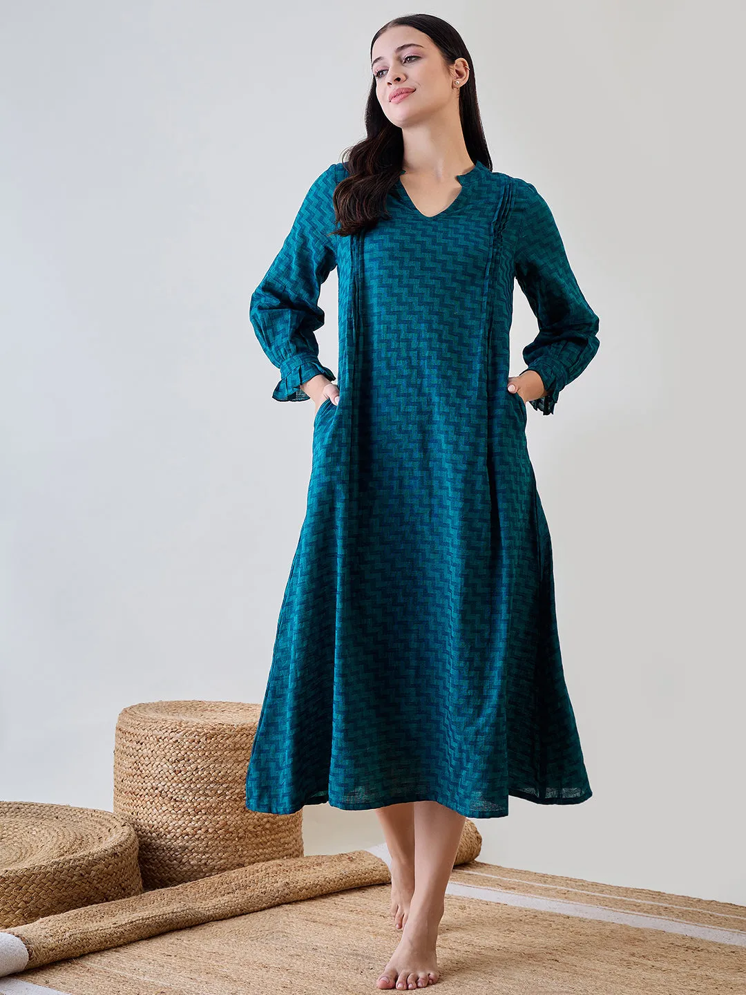 Women's Blue Cotton Solid Plain Nightdress - The Kaftan Company