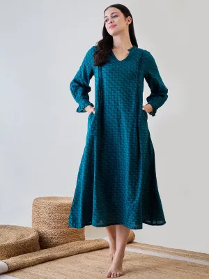 Women's Blue Cotton Solid Plain Nightdress - The Kaftan Company